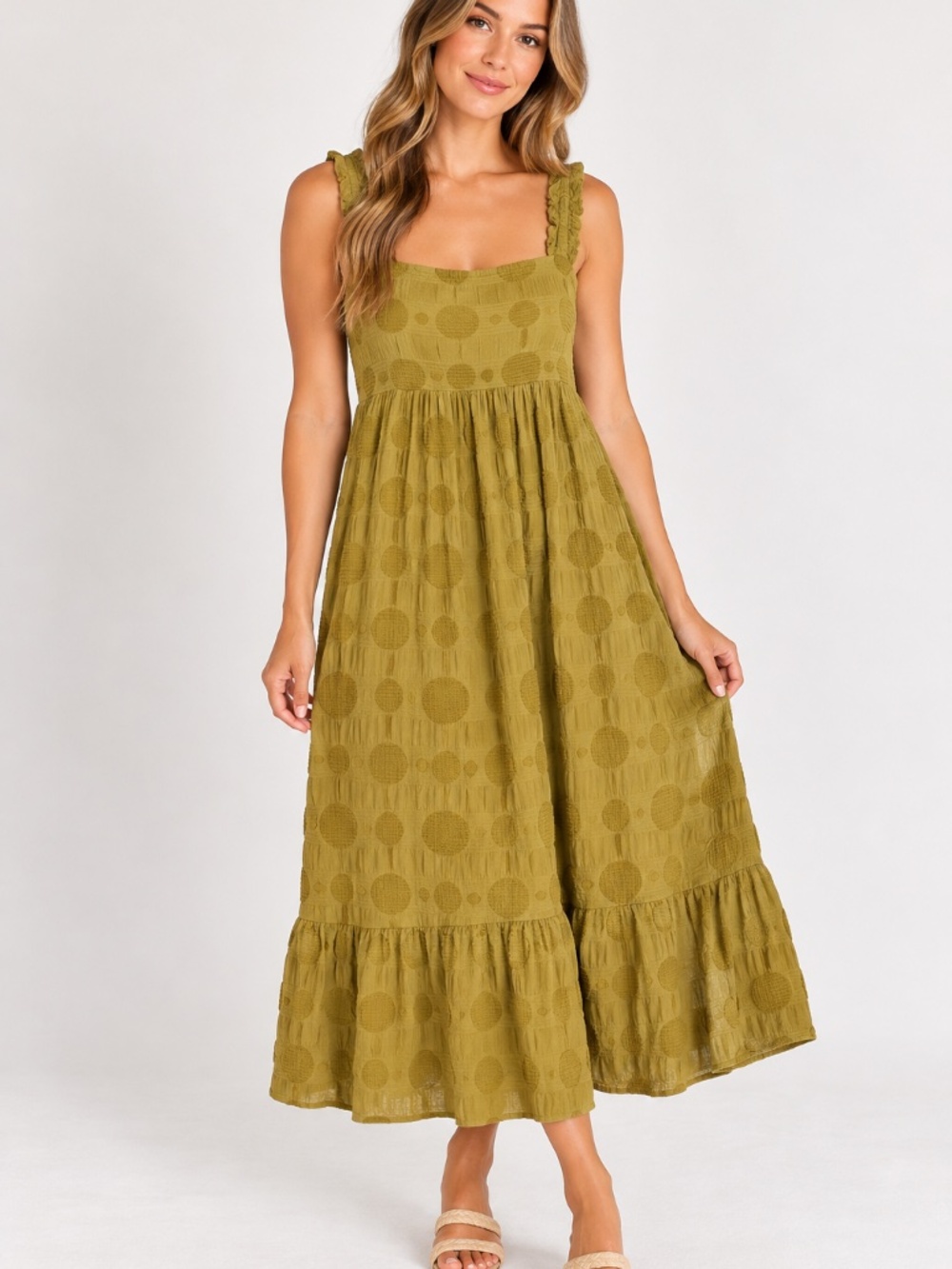 Miou Muse Women’s Mustard Yellow Textured Ruffle Strap Maxi Dress, size Large